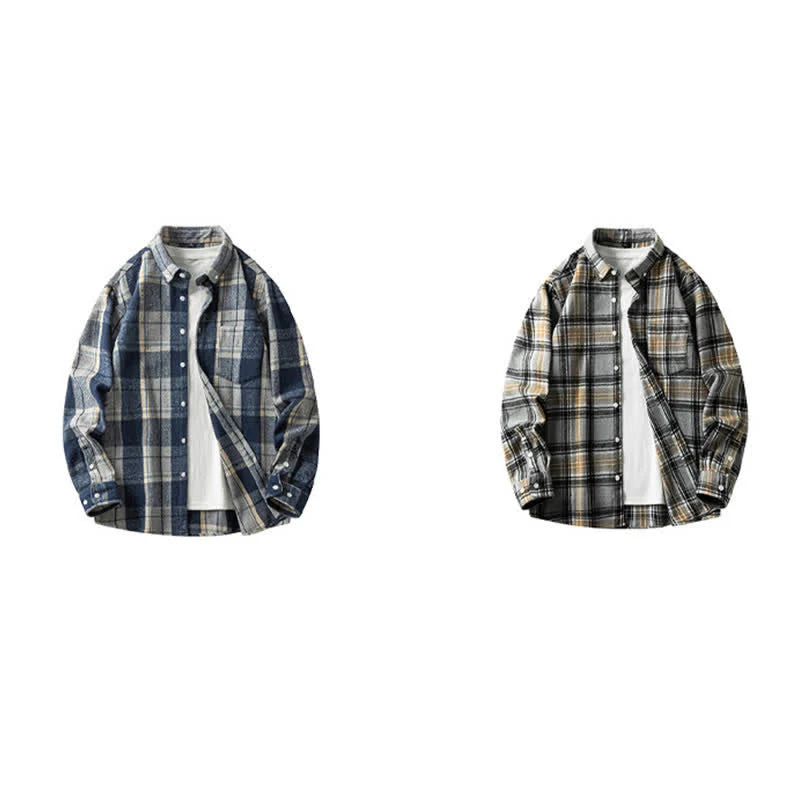 Buddha Stones Commute Multicolor Plaid Button Men's Cotton Long Sleeve Shirts With Pocket
