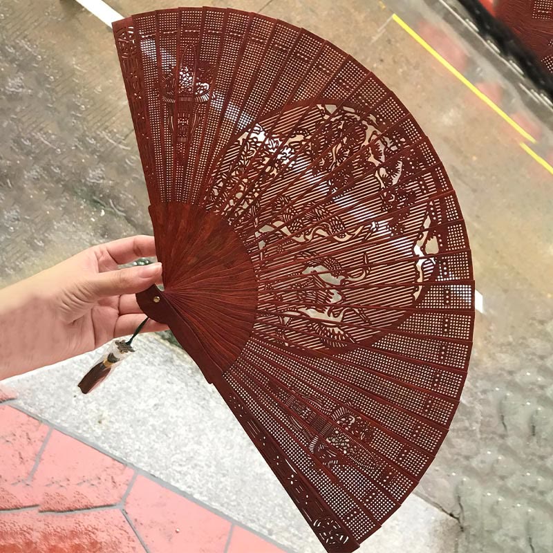 Buddha Stones Crane Peacock Chang'e Moon Engraved Pattern Handheld Small Leaf Red Sandalwood Folding Fan (Extra 30% Off | USE CODE: FS30)