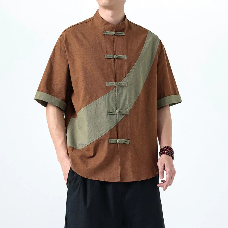 Buddha Stones Spring Color Contrast Chinese Frog-Button Design Men's Half Sleeve Cotton Linen Shirt
