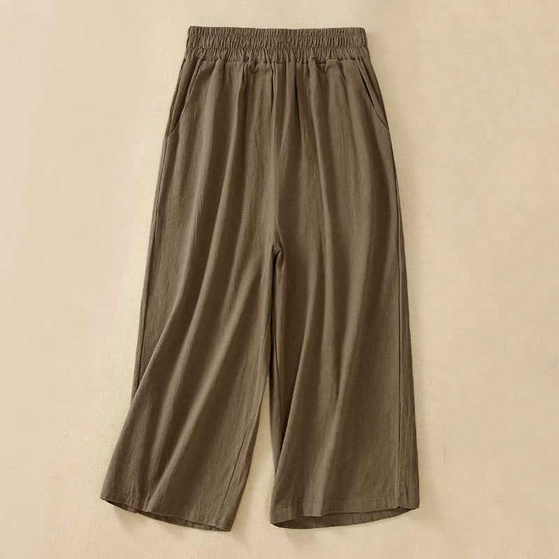 Buddha Stones High Waist Capri Cropped Women's Wide Leg Cotton Pants With Pockets