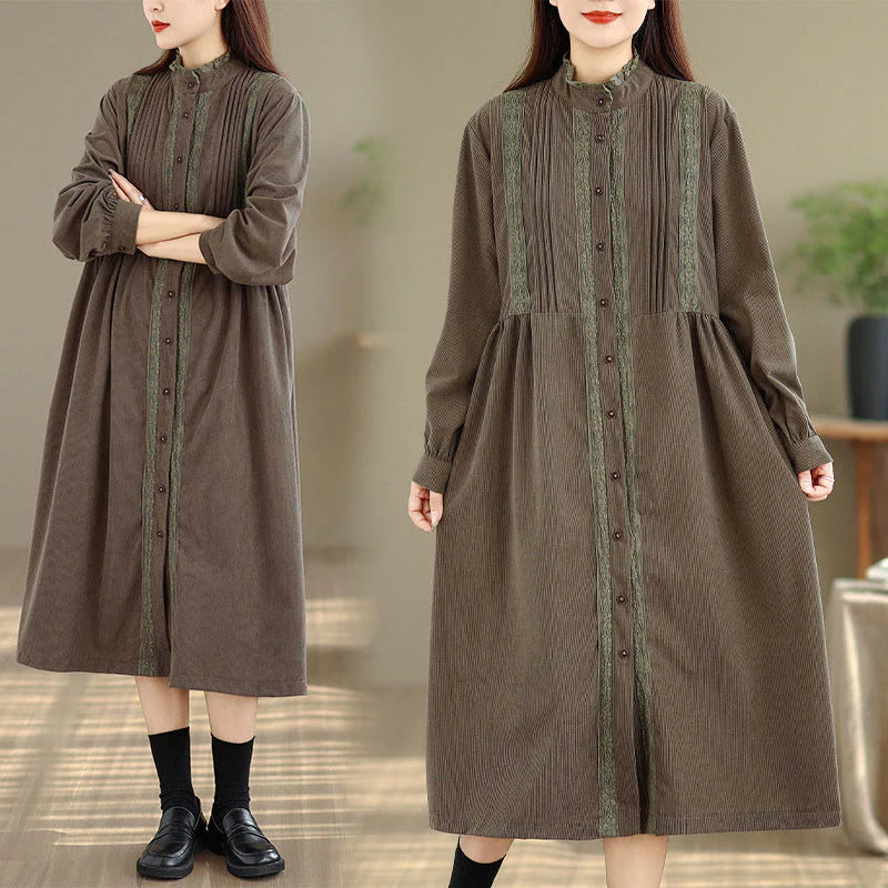 Buddha Stones Winter Pleated Buttons Down Long Sleeve Corduroy Women's Midi Dress With Pockets