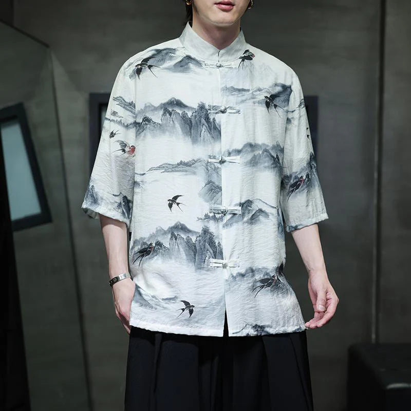 Buddha Stones Ink Painting Mountains Chinese Frog-Button Tang Suit Men's Half Sleeve Cotton Linen Shirt