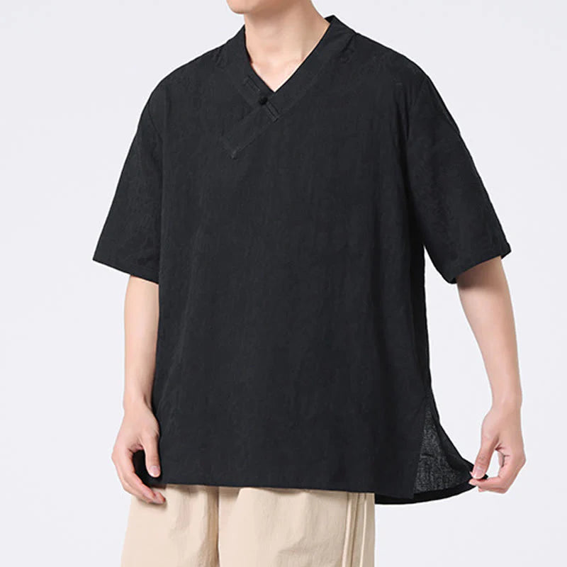 Buddha Stones Ethnic Distressed Jacquard Frog-Button Men's Stand Collar Half Sleeve Cotton Linen Shirt Tai Chi Clothes