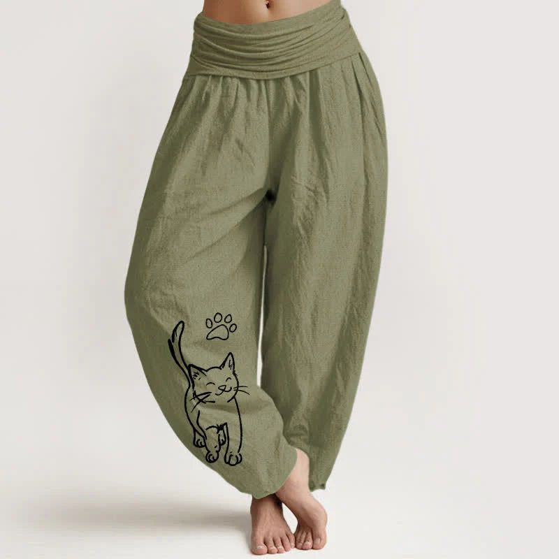 Buddha Stones Pure Cotton Cute Cat Print Women's Harem Elastic Waist Pants
