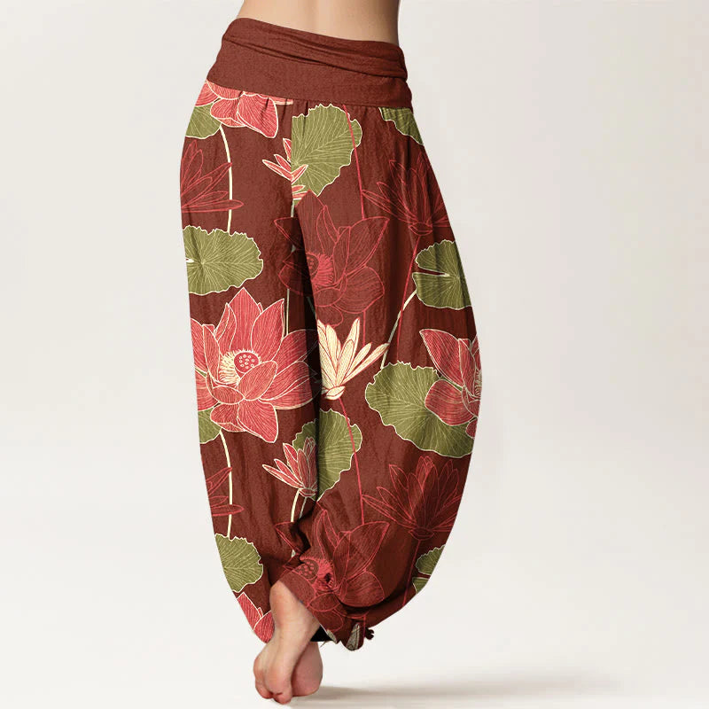 Buddha Stones Pure Cotton Retro Lotus Flowers Leaves Pattern Women's Elastic Waist Harem Pants