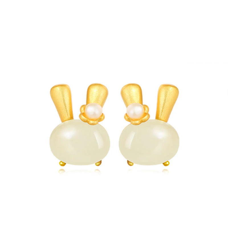 Buddha Stones 925 Sterling Silver Natural Hetian Jade Cute Rabbit Pearl Abundance Earrings