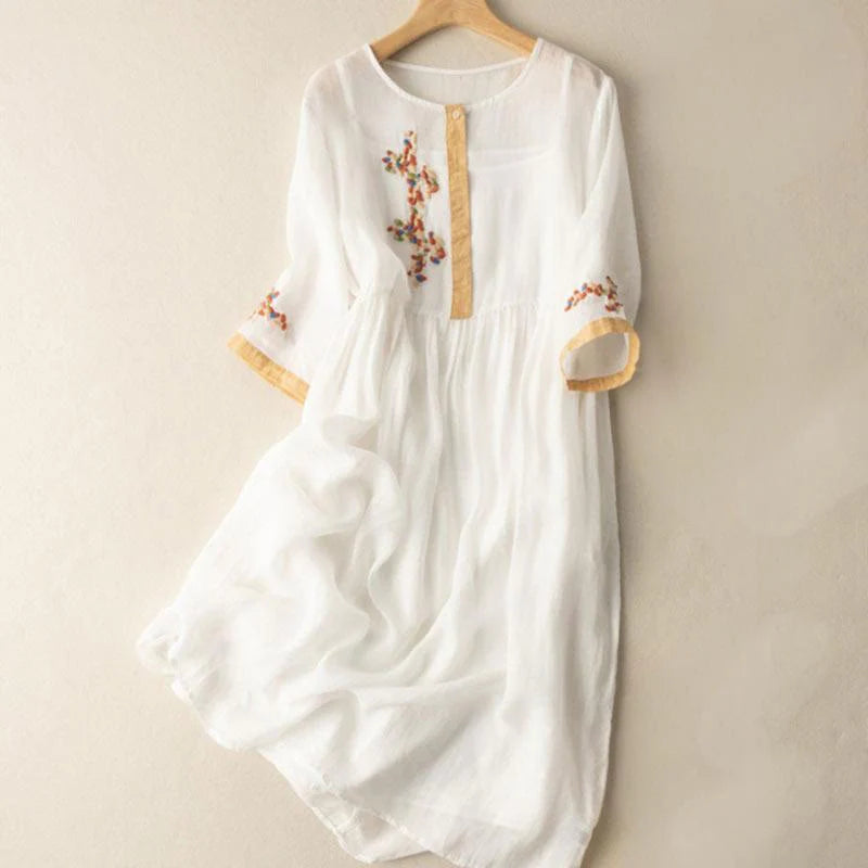 Buddha Stones Spring Ethnic Embroidery Half Sleeve Cotton Linen Women's Midi Dress