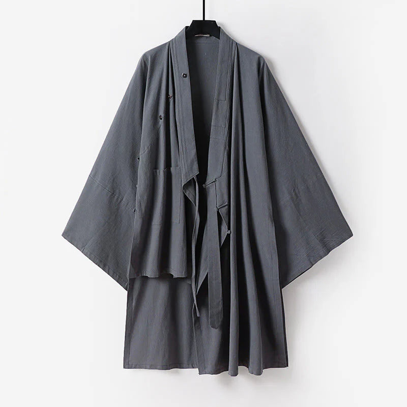 Buddha Stones 2Pcs Fall Solid Long Sleeve Men's Taoist Long Robe Lace-up Kimono Sleeveless Vest Qigong Ceremony Suit