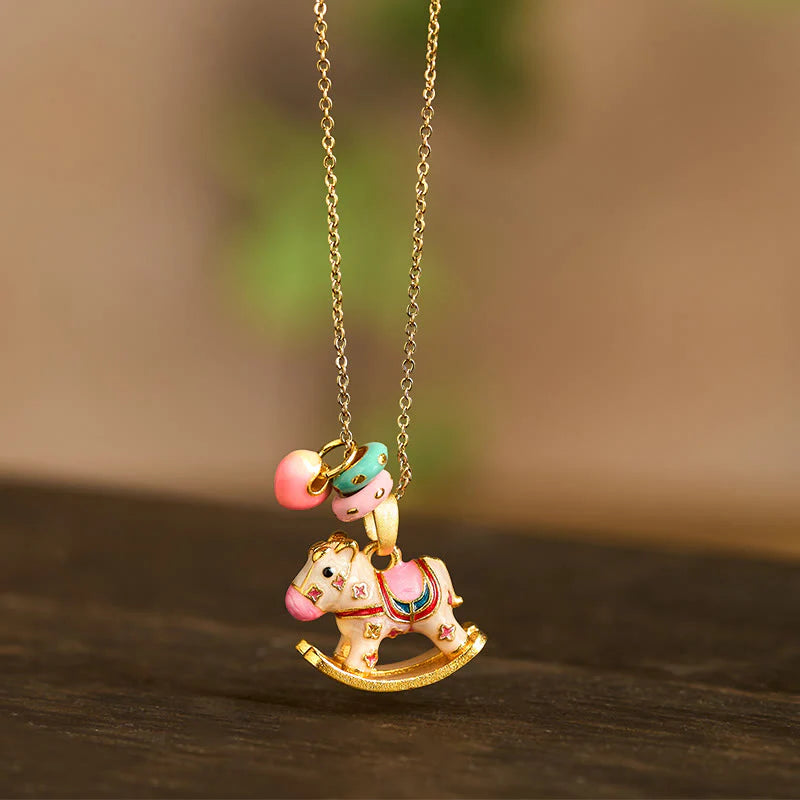 Buddha Stones Colorful Year Of The Horse 24k Gold Plated Copper Necklace Pendant