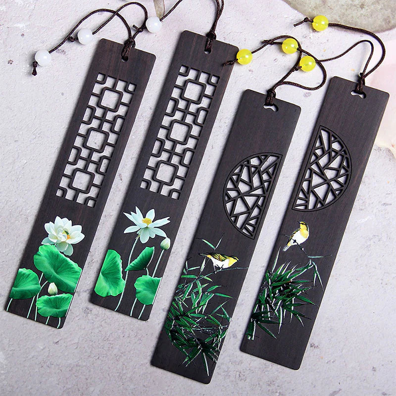 Buddha Stones Green Lotus Bamboo Oriole Ebony Wood Bookmarks With Gift Box (Extra 35% Off | USE CODE: FS35)