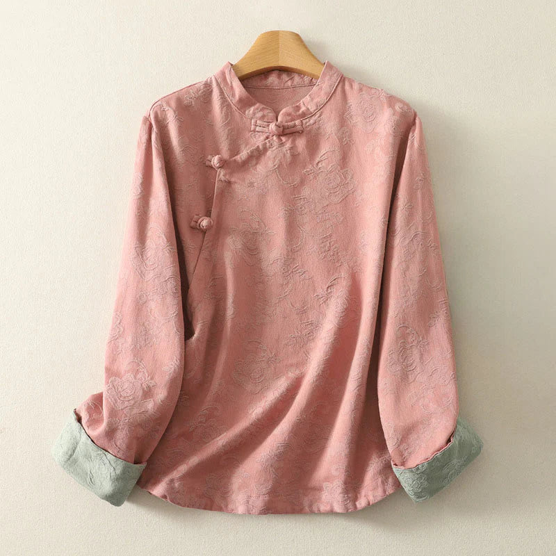 Buddha Stones Spring Plain Jacquard Design Women's Cotton Zen Long Sleeve Shirt
