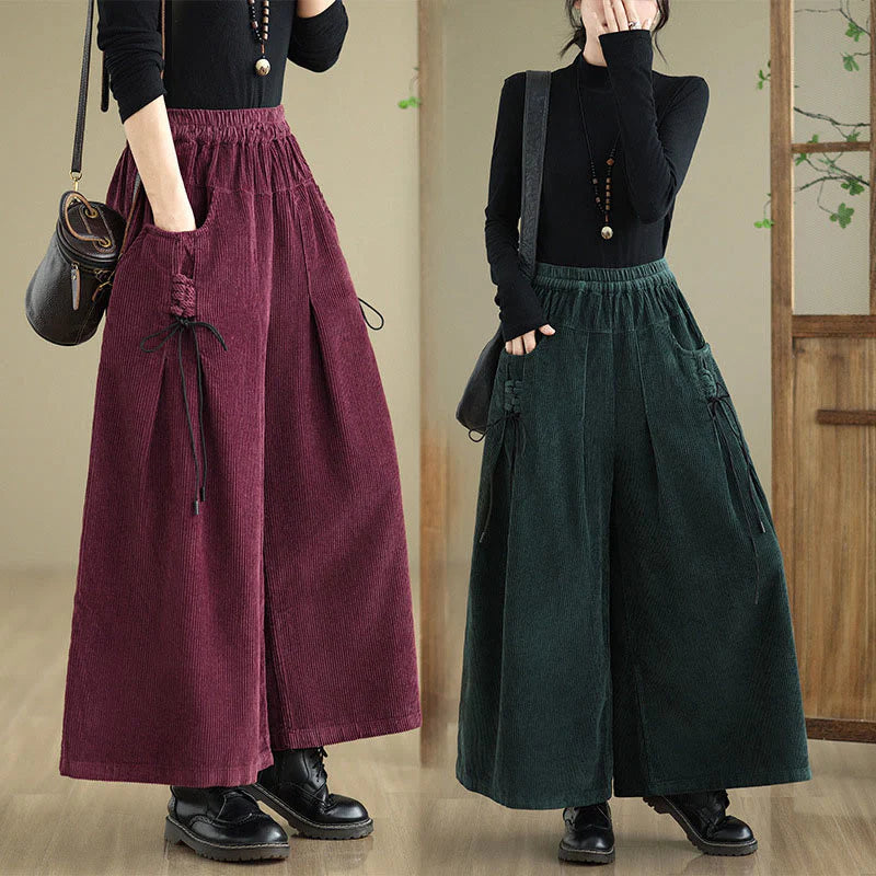 Buddha Stones Women's Pure Color Drawstring Design Wide Leg Corduroy Pants With Pockets
