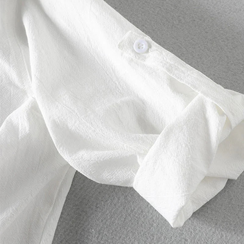 Buddha Stones Vintage Casual Plain Single Breasted Three Quarter Sleeve Men's Cotton Linen Shirt With Pocket