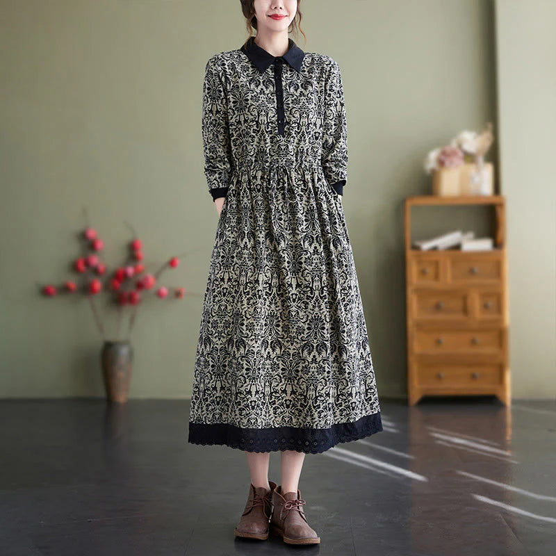Buddha Stones Ethnic Printed Drawstring Long Sleeve Cotton Midi Dress With Pockets
