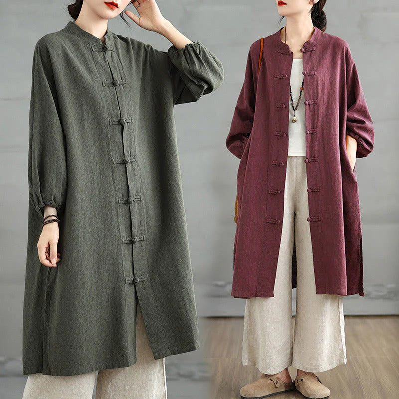 Buddha Stones Casual Frog-button Women's Cotton Linen Coat With Pockets