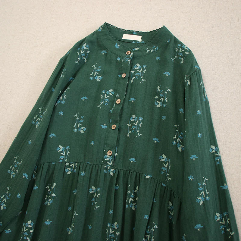 Buddha Stones Spring Small Floral Print Buttons Design Crew Neck Long Sleeve Midi Dress With Pockets