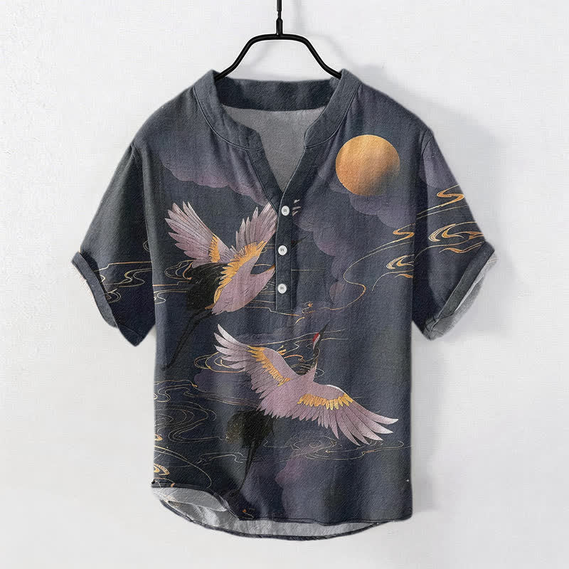 Buddha Stones Cotton Full Moon Crane Pattern Men's Short Sleeve Half Button Shirt