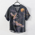 Buddha Stones Cotton Full Moon Crane Pattern Men's Short Sleeve Half Button Shirt
