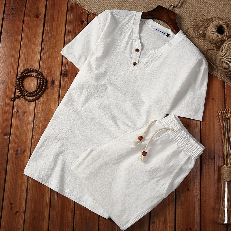 Buddha Stones 2Pcs Plain Notched Collar Short Sleeve T-Shirt Shorts With Pockets Cotton Linen Men's Meditation Cloth Set