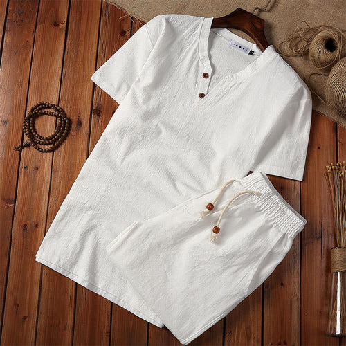 Buddha Stones 2Pcs Plain Notched Collar Short Sleeve T-Shirt Shorts With Pockets Cotton Linen Men's Meditation Cloth Set