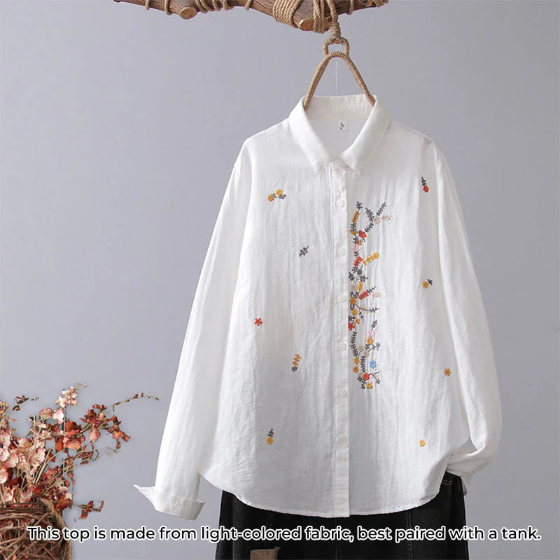 Buddha Stones Fall White Geometric Striped Flower Embroidery Button Women's Cotton Long Sleeve Shirt