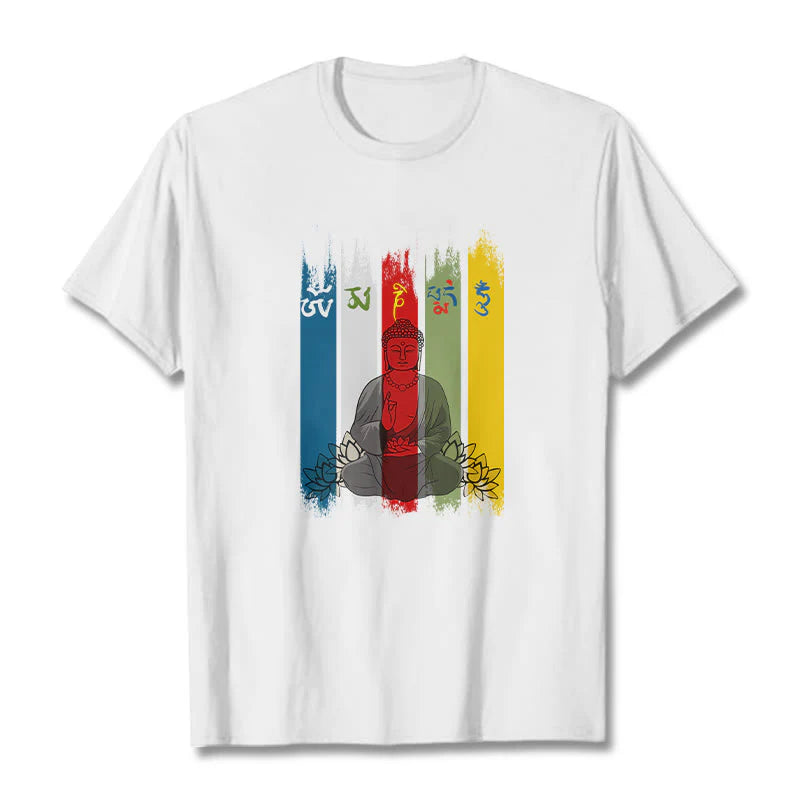 Buddha Stones Six True Words 'Om Mani Padme Hum' Buddha Sitting With Lotus Cotton Tee T-shirt