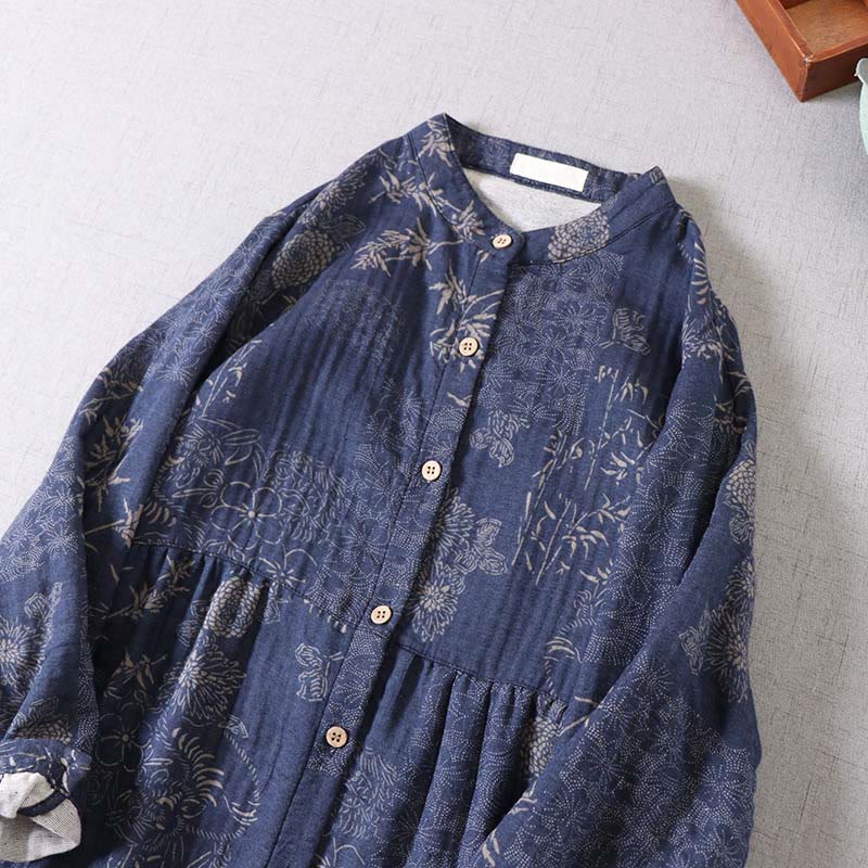 Buddha Stones Commute Bamboo Floral Pattern Long Sleeve Buttons Women's Cotton Midi Dress With Pockets