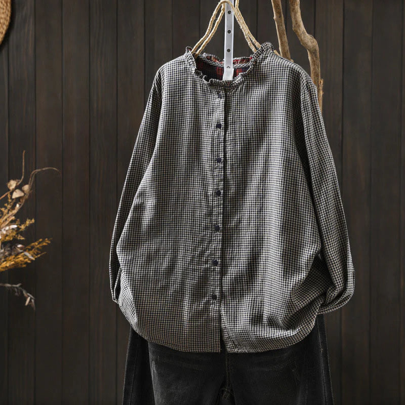 Buddha Stones Fall Tiny Plaid Button Down Ruffle Collar Long Sleeve Women's Cotton Shirt