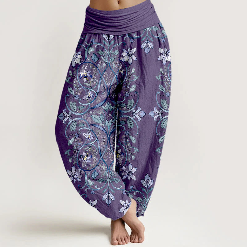 Buddha Stones Cotton Symmetrical Flower Vines Leaves Pattern Women's Elastic Waist Harem Pants
