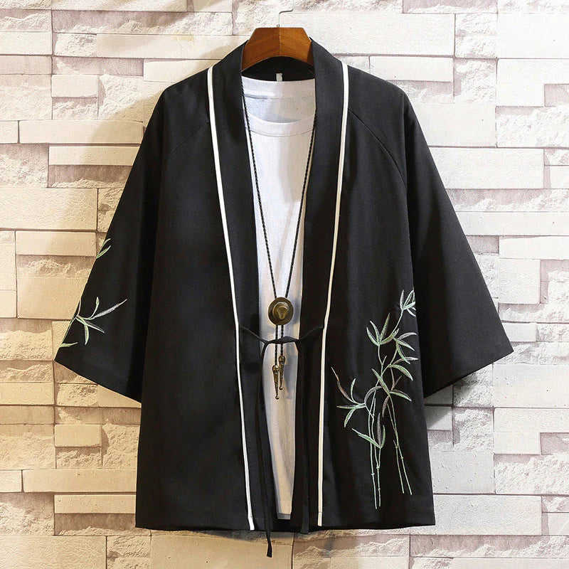 Buddha Stones Embroidery Dragon Phoenix Auspicious Cloud Waves Leaves Cranes Open Front Jacket Men's Kimono