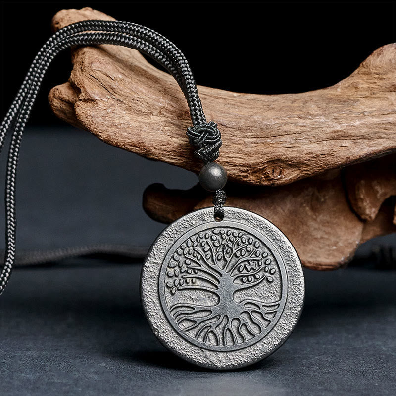 Buddha Stones The Tree of Life Carving Pattern Authentic Shungite Stone Protection Necklace Pendant