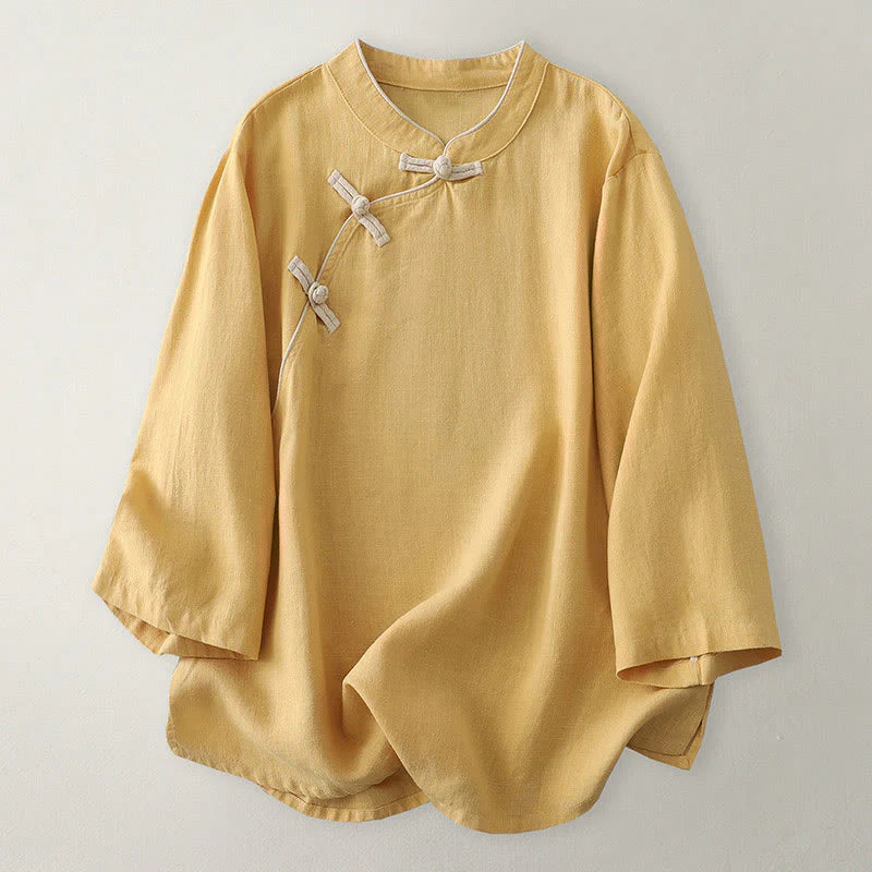 Buddha Stones Plain Slanted Buttons Cotton Linen Women's Shirt