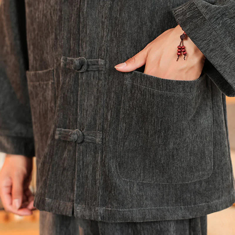 Buddha Stones 2Pcs Winter Thick Men's Tang Suit Frog-Button Cotton Corduroy Long Sleeve Jacket Pants Set With Pockets