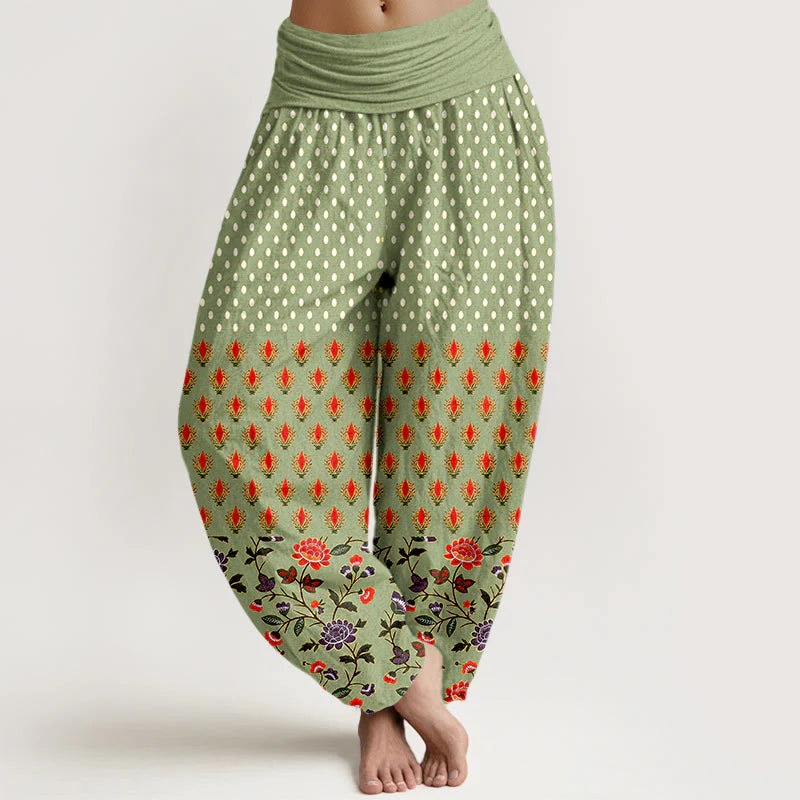 Buddha Stones Cotton Dots Red Purple Flower Pattern Women's Elastic Waist Harem Pants