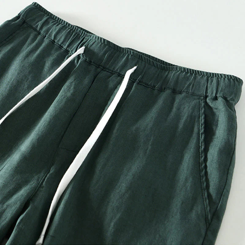Buddha Stones Fall Solid Drawstring Elastic Waist Men's Linen Ankle-Length Pants With Pockets