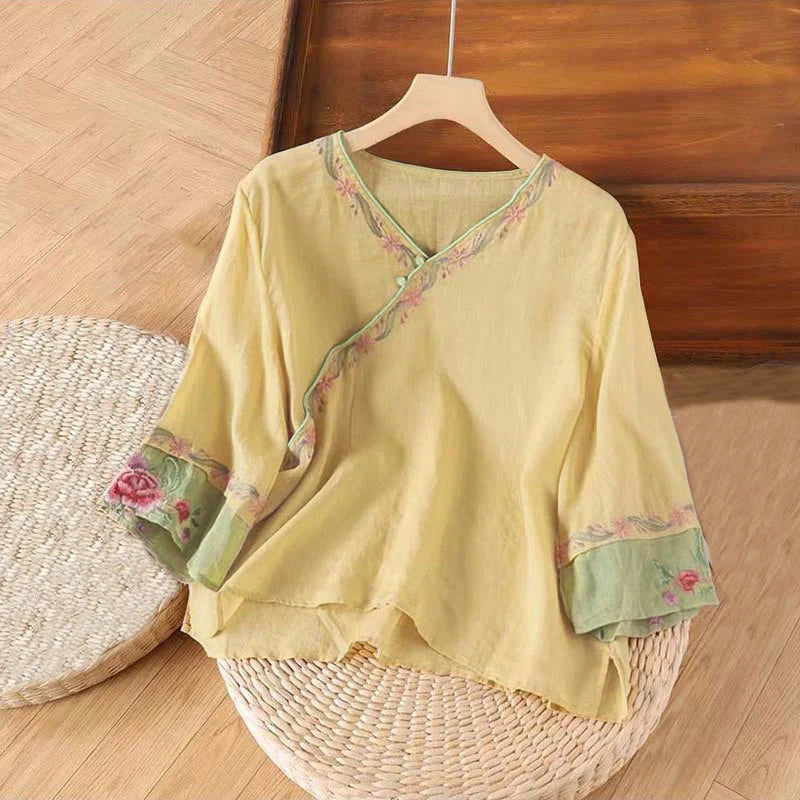 Buddha Stones Stand Collar Embroidery Button Design Three Quarter Sleeve Women's Shirt