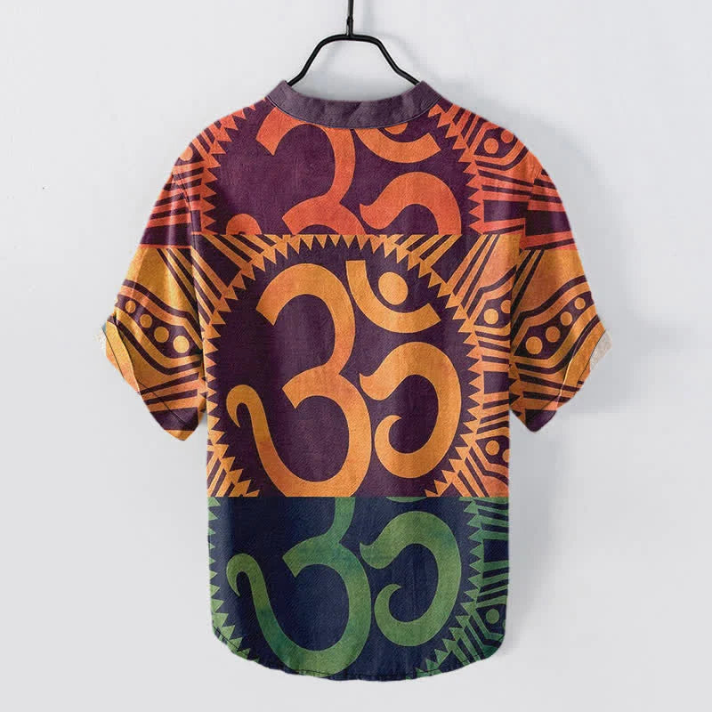 Buddha Stones Cotton Om Emblem Men's Short Sleeve Half Button Shirt