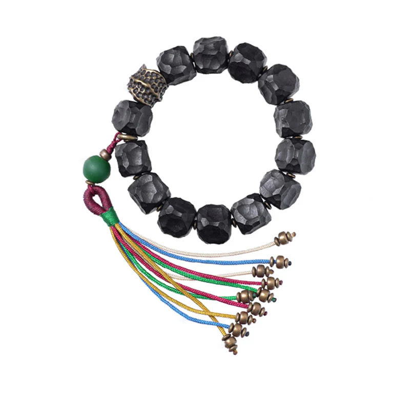 Buddha Stones Tibet Ebony Wood Copper Peace Tassel Wrist Mala Bracelet
