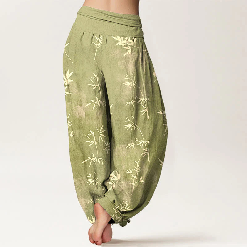 Buddha Stones Cotton Simple Bamboo Leaves Pattern Women's Elastic Waist Harem Pants