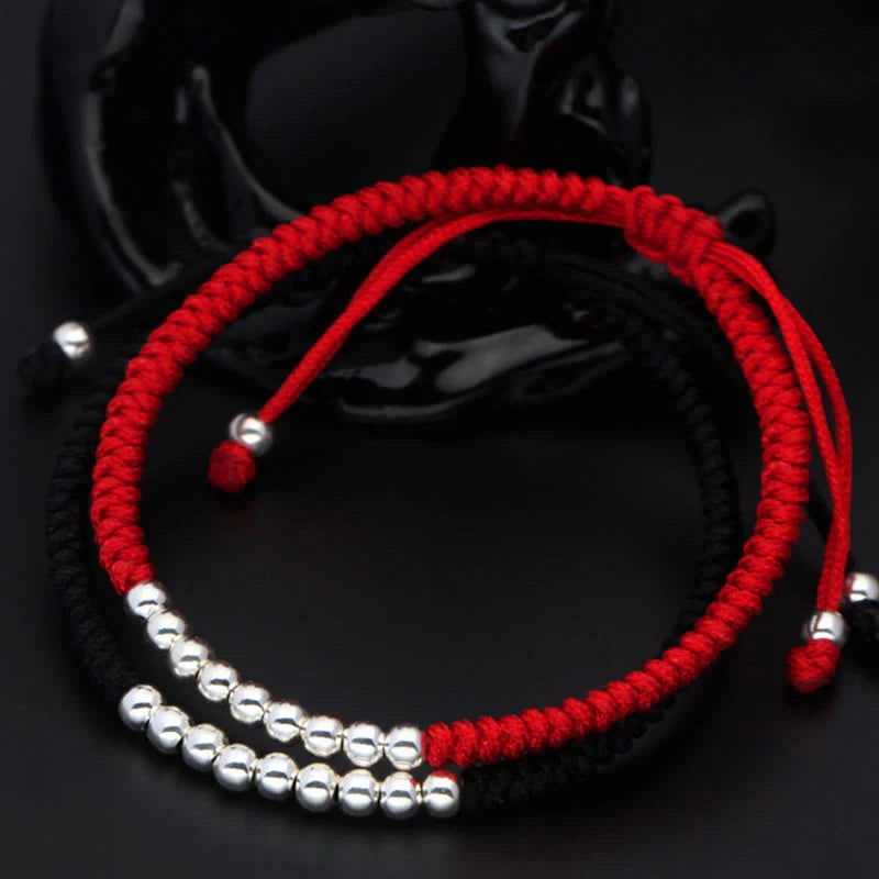 Buddha Stones Retro 925 Sterling Silver Simple Beads Knot Design Luck String Bracelet