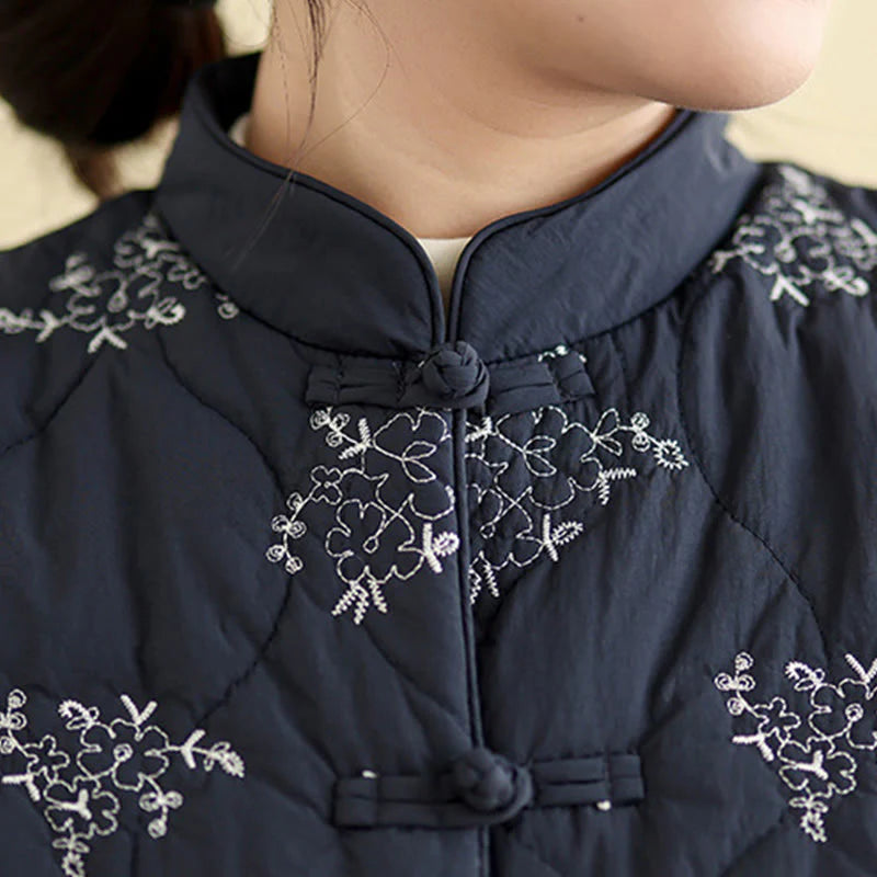 Buddha Stones Embroidered Frog-Button Women's Sleeveless Cotton Vest Waistcoat With Pockets