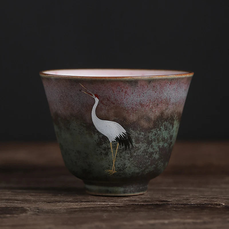 Buddha Stones Auspicious Crane Ceramic Teacup Kung Fu Tea Cup Bowl