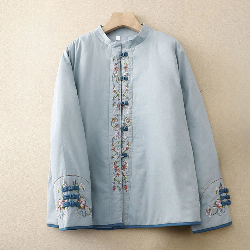 Buddha Stones Winter Flower Embroidery Frog-Button Long Sleeve Women's Thermal Jacket