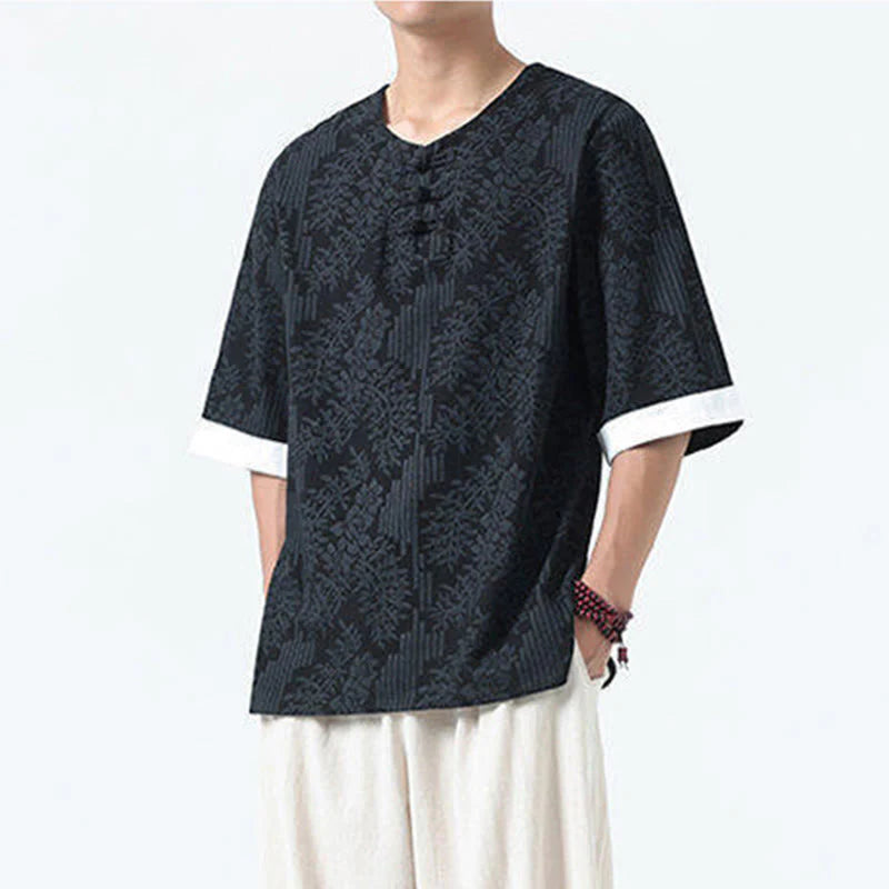 Buddha Stones Summer Flowers Grass Pattern Tang Suit Men's Frog-Button Half Sleeve Cotton Shirt