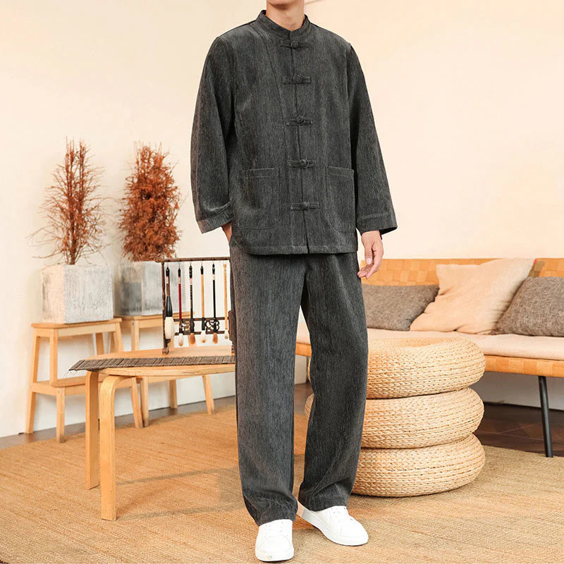 Buddha Stones 2Pcs Winter Thick Men's Tang Suit Frog-Button Cotton Corduroy Long Sleeve Jacket Pants Set With Pockets