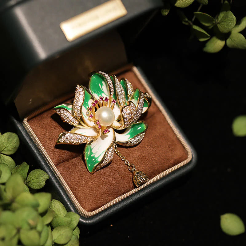 Buddha Stones Lotus Flower Pearl New Beginning Copper Brooch
