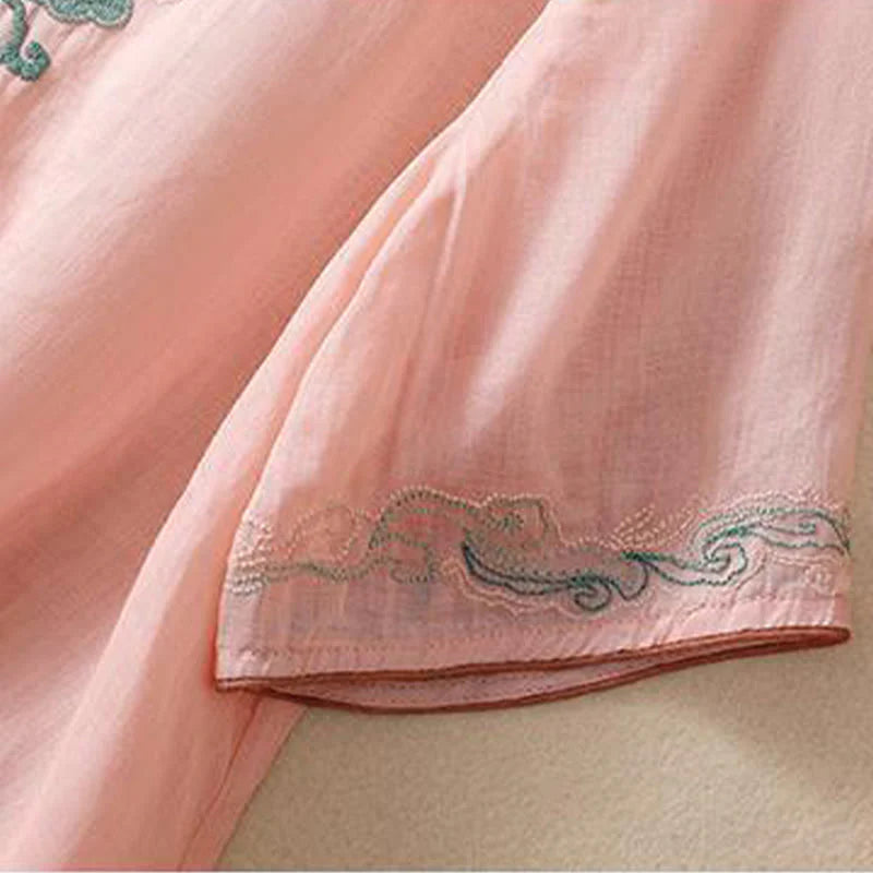 Buddha Stones Casual Retro Embroidery Frog-Button Design Women's Cotton Linen Half Sleeve Shirt