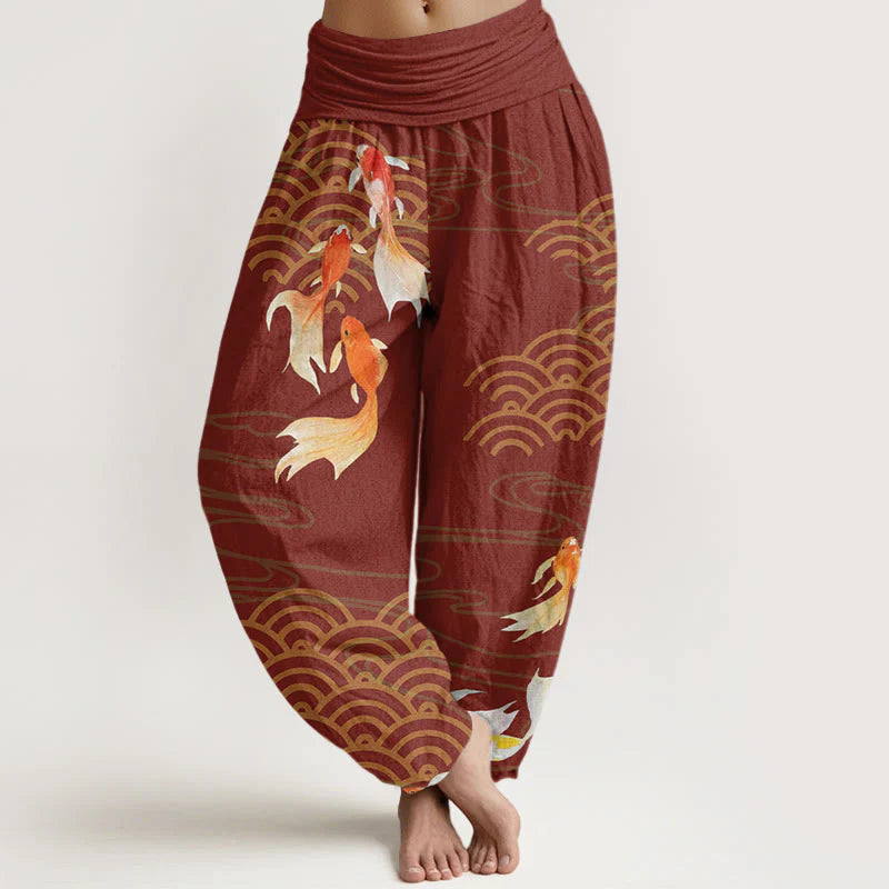 Buddha Stones Pure Cotton Red Koi Fish Fan-shaped Waves Women's Elastic Waist Harem Pants