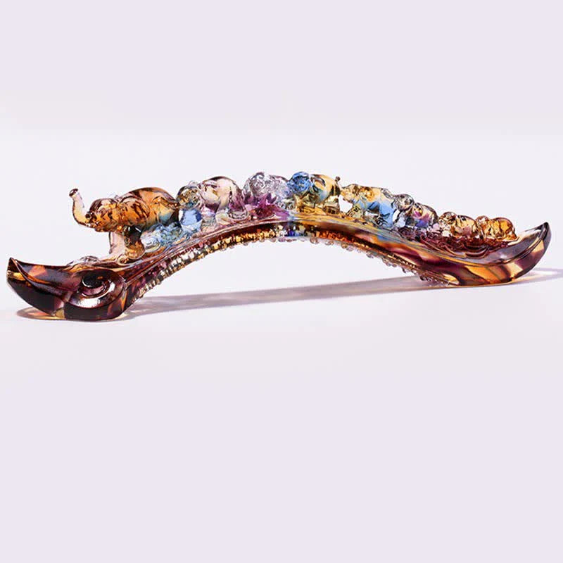 Buddha Stones Handmade Liuli Crystal Ruyi Elephant Art Piece Home Decoration With Crystal Base