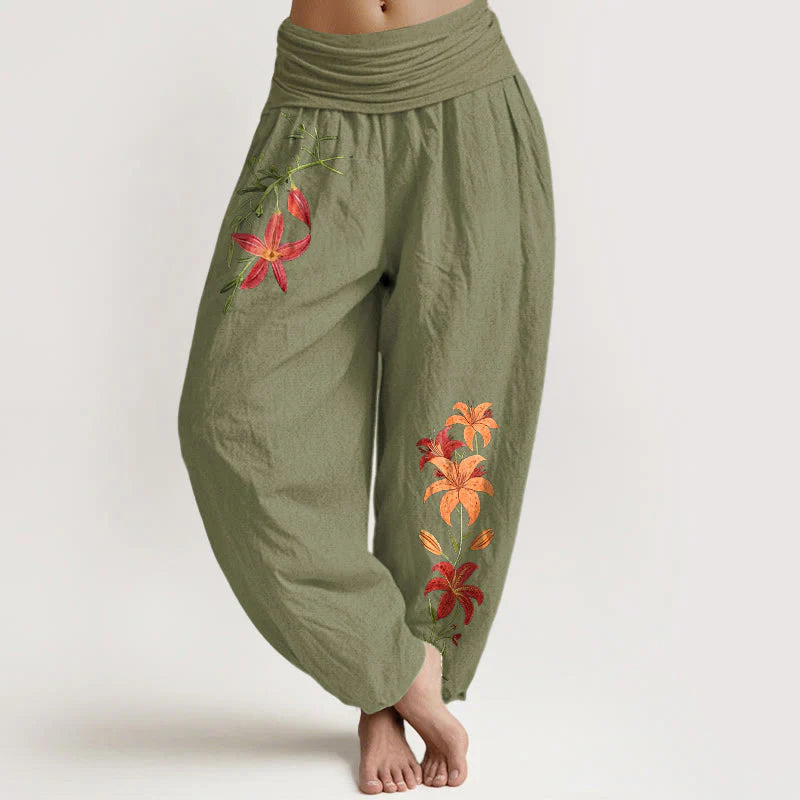 Buddha Stones Pure Cotton Brightly Colored Lilies Five-Petaled Flower Pattern Women's Elastic Waist Harem Pants